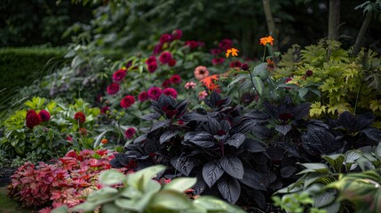 striking garden with dark foliage and flowers in Chiang Mai, Thailand , dark foliage and flower garden in Chiang Mai