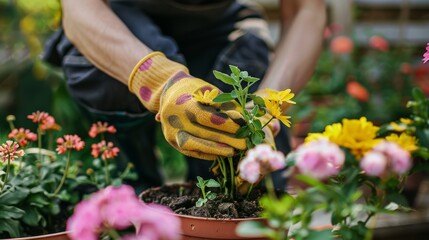 copy space backgroun with someone's hands wearing gloves are planting flowers in a pot --ar 16:9 --style raw Job ID: 2d2feaec-648e-4568-9f6c-4334a3d43ab7