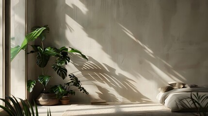 minimalist bedroom , monstera plant decor