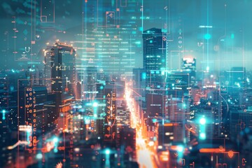 Modern cityscape with towering skyscrapers. busy road and urban infrastructure This urban landscape overlay consists of dynamic data streams and digital data.