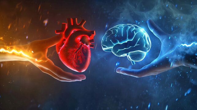 a man's hand hovering between a heart and a brain, torn between emotions and logic