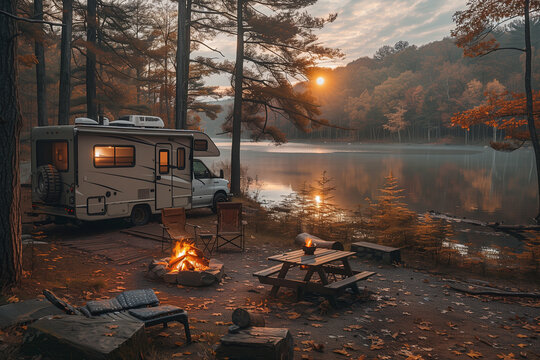 RVs, cozy atmospheres and picturesque camping scenes