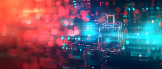 Digital illustration of cyber security and shopping bag icon hologram on digital background, data technology concept ,3d rendering, banner design with copy space area for web graphics. 