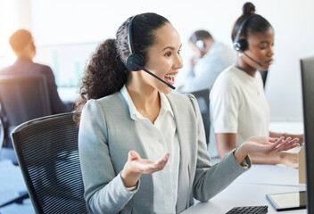 Woman, smile and computer with microphone in office for support, call centre with staff in Africa....