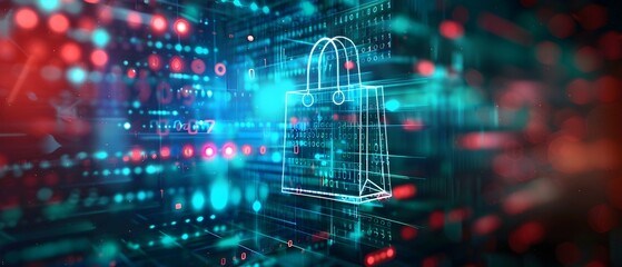 Digital illustration of cyber security and shopping bag icon hologram on digital background, data technology concept ,3d rendering, banner design with copy space area for web graphics. 