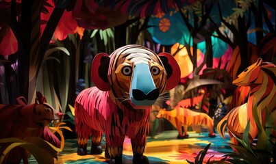A colorful illustration of a tiger and other animals made of paper. AI.