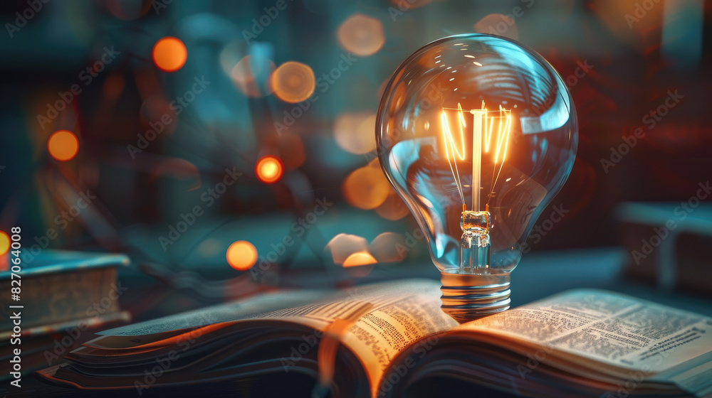 Poster a light bulb is lit up in front of a book. the scene is warm and inviting, with the light bulb addin