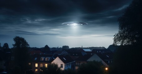 Obraz premium A UFO hovers over a small town, casting an eerie glow on the buildings and streets below. AI.
