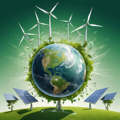 Fototapeta premium An abstract image of Earth with green energy symbols like wind turbines and solar panels, green Planet, with copy space
