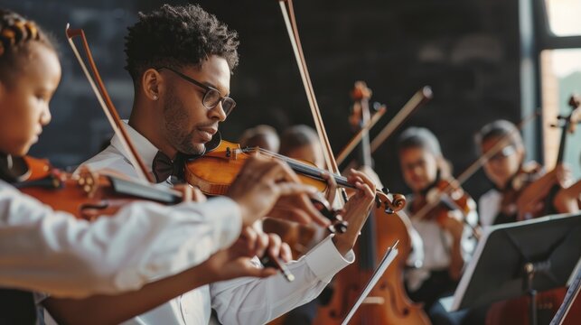 A music teacher conducting a multiethnic school orchestra during rehearsal, capturing the dynamic interaction between the teacher and the young musicians, Teacher's day, natural li