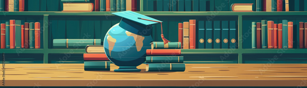 Poster a bookcase with a globe on top of it. the globe is surrounded by books. concept of education and lea