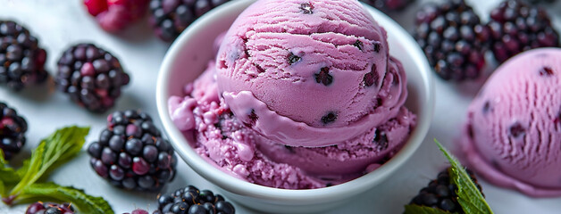 Wide banner photo of delicious scoop of purple color black raspberry chip cookie dough ice cream sorbet on a icecream cup with fruits and chips around in white background 