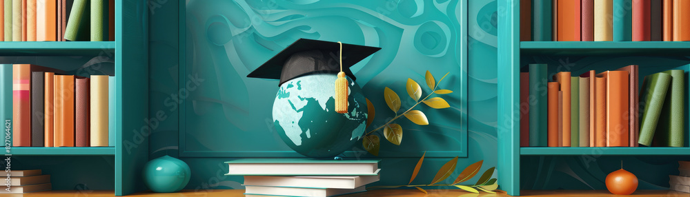 Poster a bookcase with a globe and a cap on top of it. the globe is surrounded by books and a leafy branch.