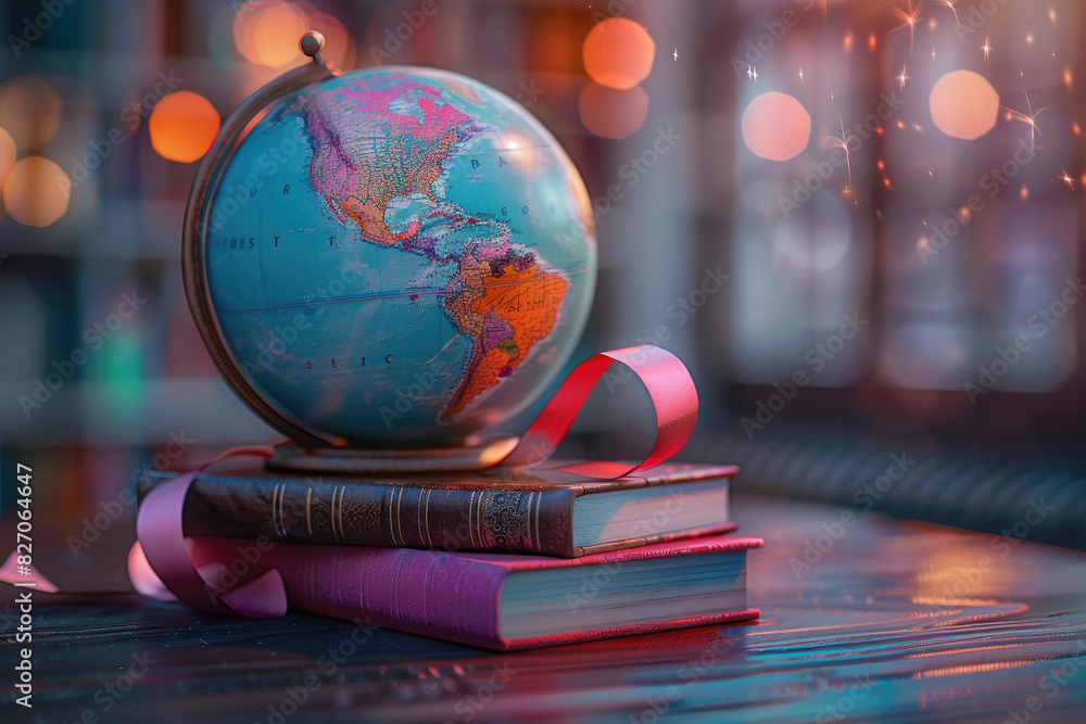 Poster a globe sits on top of a stack of books. the globe is blue and has a red ribbon around it. the books