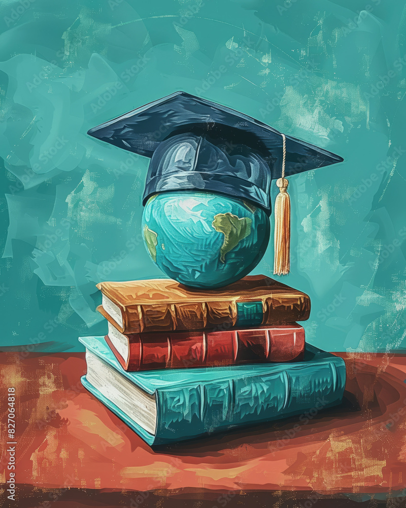Poster a painting of a book stack with a globe on top and a graduation cap on the globe. the painting conve