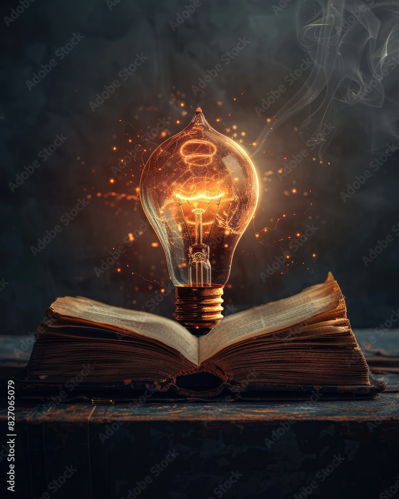 Poster imaginative learning and innovative thinking represented with a glowing lightbulb in a book 3d rende