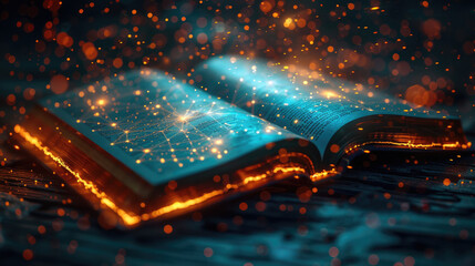 A book is open to a page with a blue background and a lot of sparkles. The book is illuminated by a light source, creating a dreamy and ethereal atmosphere