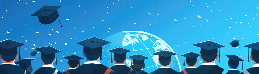A group of people wearing graduation caps and gowns are standing in front of a globe. Concept of accomplishment and pride as the graduates have completed their studies
