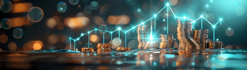 Abstract image of financial growth, depicting futuristic graph and stack of gold coins, representing investment and market trends.