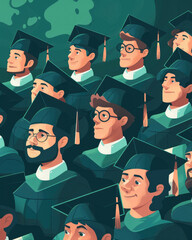 A group of men wearing graduation caps and gowns are standing in a row. Scene is one of celebration and accomplishment