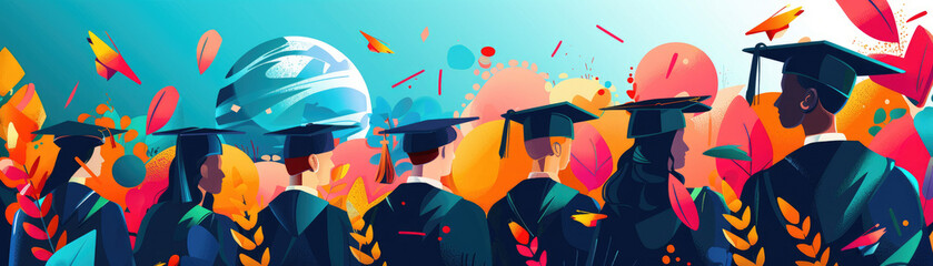 A group of people wearing graduation caps and gowns are standing in a row. Concept of accomplishment and pride as the graduates have completed their studies