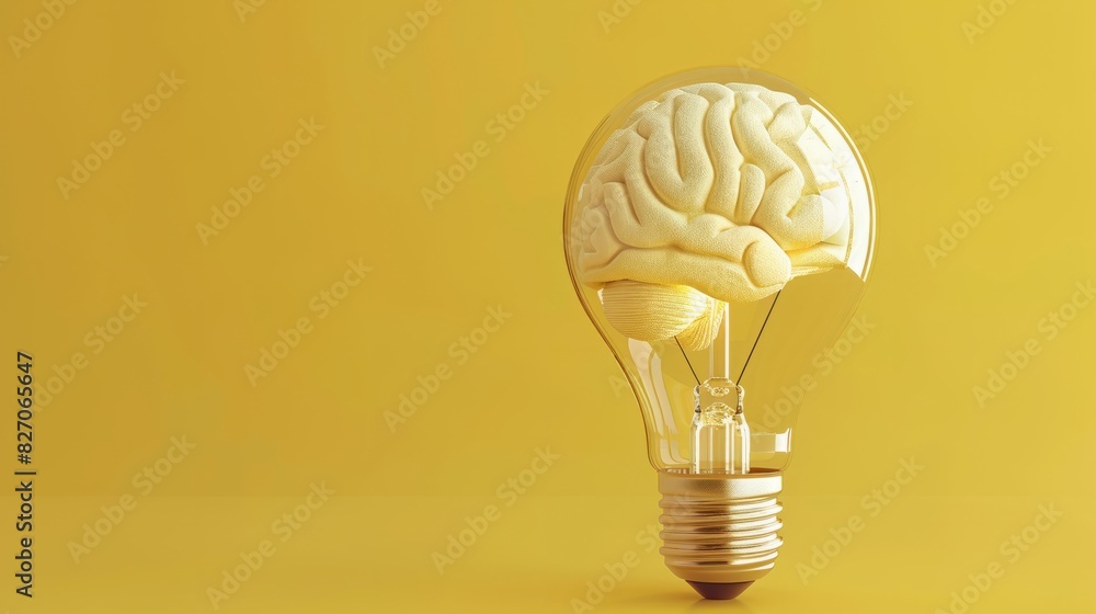 Poster brain inside of transparent light bulb placed on against yellow background, brainstorming or knowled