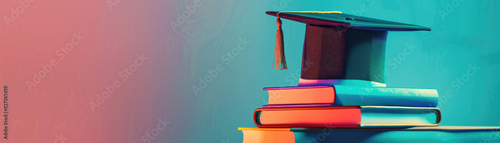 Poster a stack of books with a cap on top of them. the books are arranged in a pyramid shape. concept of ed