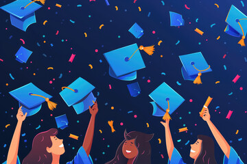 A group of women are holding up their graduation caps and gowns, celebrating their achievements. Concept of pride and accomplishment, as the women are reaching for the sky with their caps