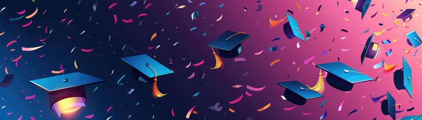 A banner with a bunch of graduation caps flying through the air. The banner is colorful and vibrant, giving off a celebratory and happy mood