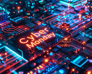 Exploration of Cyber ​​Monday WITH ELEGANT AND FUTURISTIC words and Cyber ​​Monday theme.