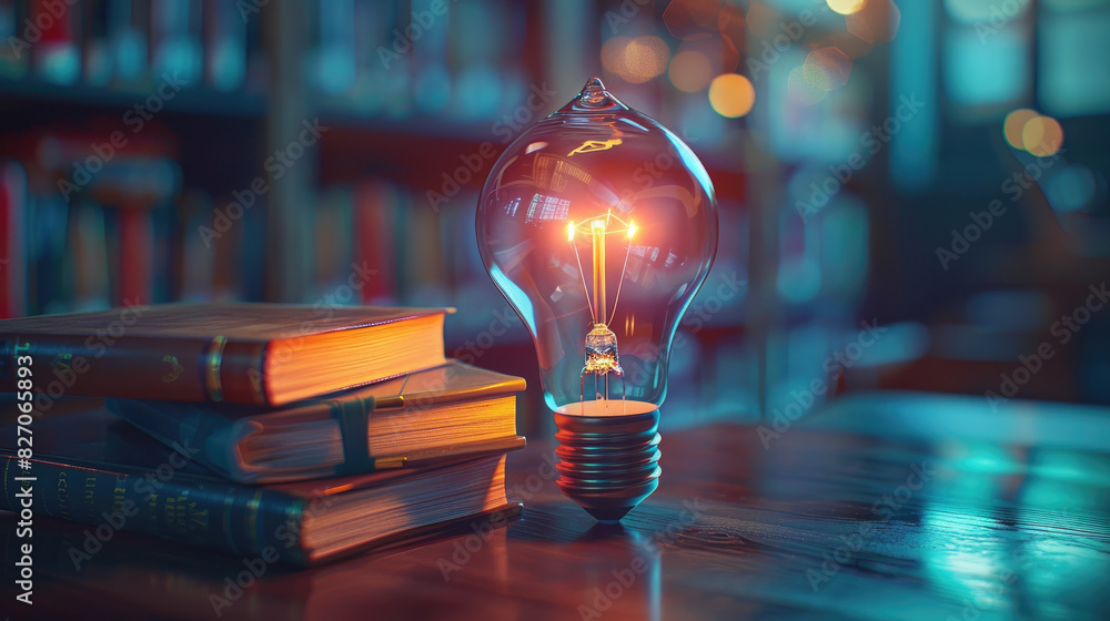 Poster a light bulb is lit up on a table with a stack of books. the light bulb is glowing brightly, creatin