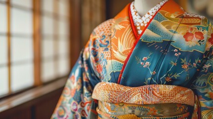 Naklejka premium A kimono with a pattern of cranes and cherry blossoms