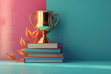 A gold trophy is on top of a stack of books. The trophy is surrounded by leaves, which adds a touch of nature to the scene. The books are arranged in a way that they are leaning on each other