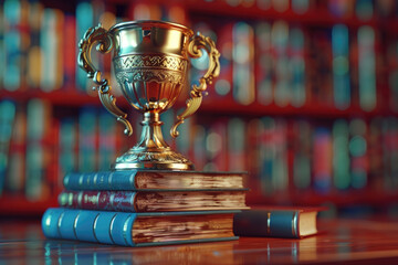 A gold cup sits on top of a stack of books. The cup is placed on a wooden table, and the books are arranged in a pyramid shape. Concept of accomplishment and achievement, as the cup