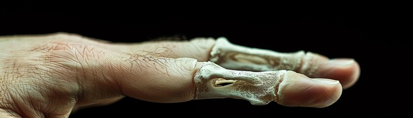 Close-up view of a skeletal hand model showcasing bone structure against a black background.