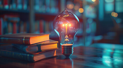 A light bulb is lit up on a table with a stack of books. The light bulb is glowing brightly, creating a warm and inviting atmosphere. The books are arranged neatly on the table