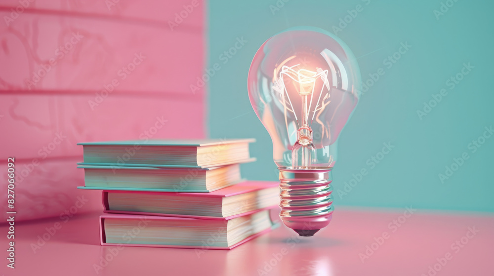 Poster a light bulb is lit up on a table with a stack of books. the light bulb represents knowledge and the