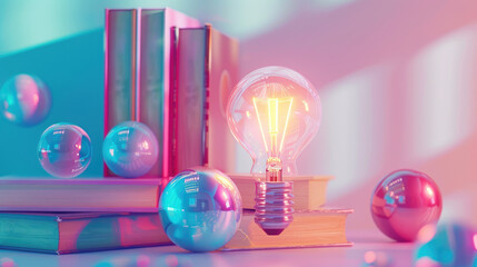 A light bulb is lit up and surrounded by books and balls. The scene is colorful and playful, with the light bulb representing an idea or concept. The books and balls add a sense of depth