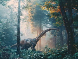 A dinosaur is walking through a forest