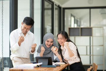 Group of business people meeting and present work on the board