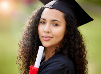 Woman, graduation and celebrate and portrait, diploma and happy student for university. Prize,...