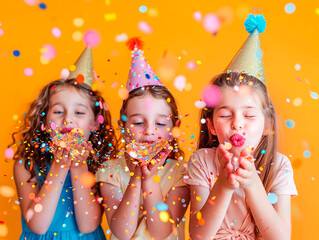 Three young girls are blowing confetti into the air, wearing party hats