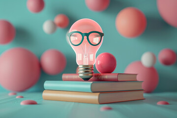 A light bulb with glasses on top of a stack of books. The light bulb is glowing pink and the books are pink and blue. Concept of creativity and intelligence