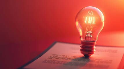 A light bulb is lit up on top of a piece of paper. Concept of creativity and inspiration, as the light bulb represents an idea or a spark of innovation