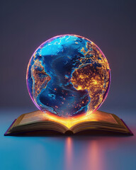 A book is open to a page with a globe on it. The globe is lit up with a blue and orange glow