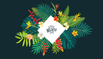 Vector Hawaiian summer floral background. Tropic leaf border banner template. Tropical jungle frame. beautiful jungle exotic leaves flyer, poster, banner. Exotic monstera, hibiscus, palm tree design