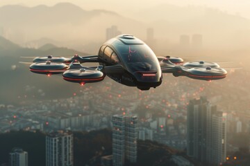 Naklejka premium Futuristic Drone Taxi Flying Above City Skyline During Sunset