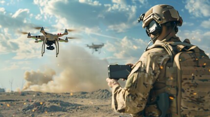 Fototapeta premium Military soldier controls drone for reconnaissance operation of enemy positions. Concept using quadrocopters in smart war
