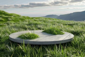 Circular Wooden Platform With Grass Patches on a Lush Hillside in Daylight