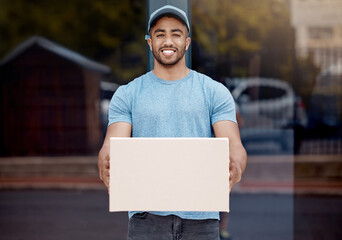 Delivery man, package and portrait for logistics, box and shipping service in city for shopping....